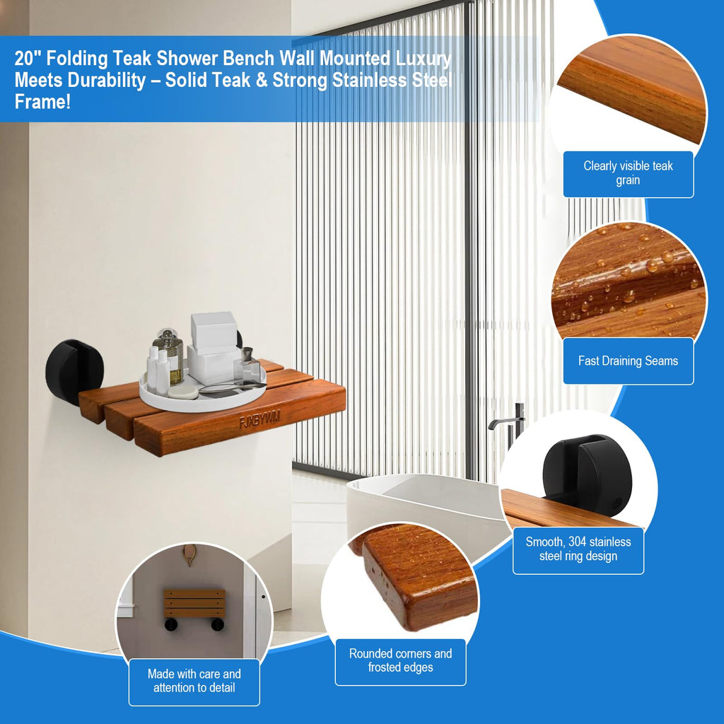 20" Teak Wall Mounted Fold Down Shower Seat 400 lbs Capacity M2172