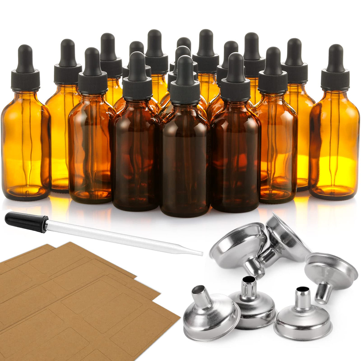 2 oz Dark Amber Dropper Bottles with Funnels O579021