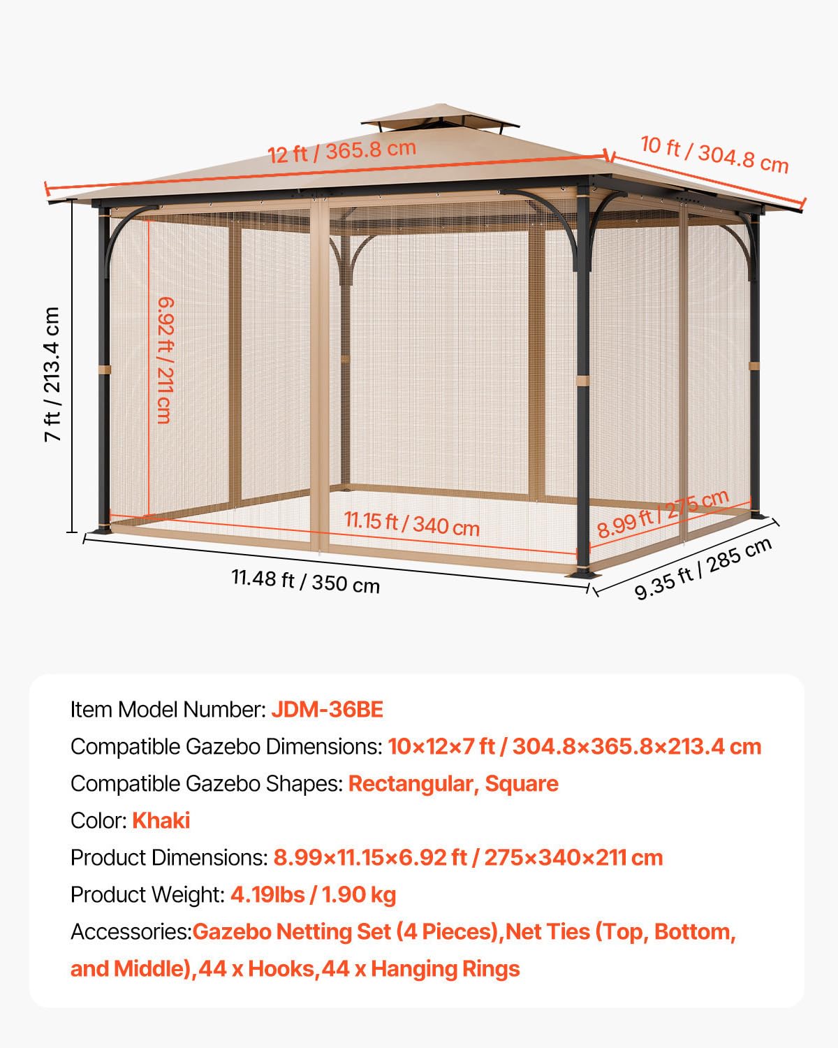 10 x 12 x 7 FT Gazebo Netting Replacement 4-Panel Sidewall Mesh Net E2239