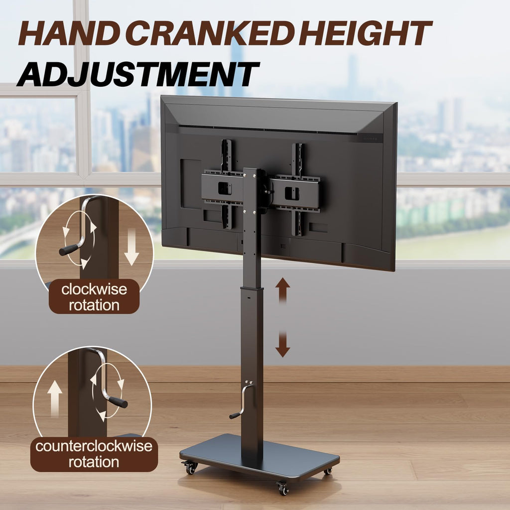 Mobile TV Stand on Wheels with 90° Swivel, Hand Crank Adjustable Height, for 42 to 75 inch TVs up to 110 lbs (Black) F4097