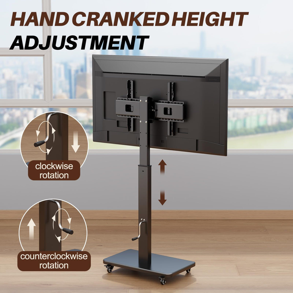 Mobile TV Stand on Wheels with 90° Swivel, Hand Crank Adjustable Height, for 42 to 75 inch TVs up to 110 lbs (Black) F4097