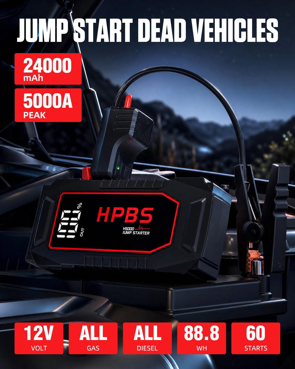 5000A Peak 12V Portable Jump Starter with 3.0" LCD Display T2543