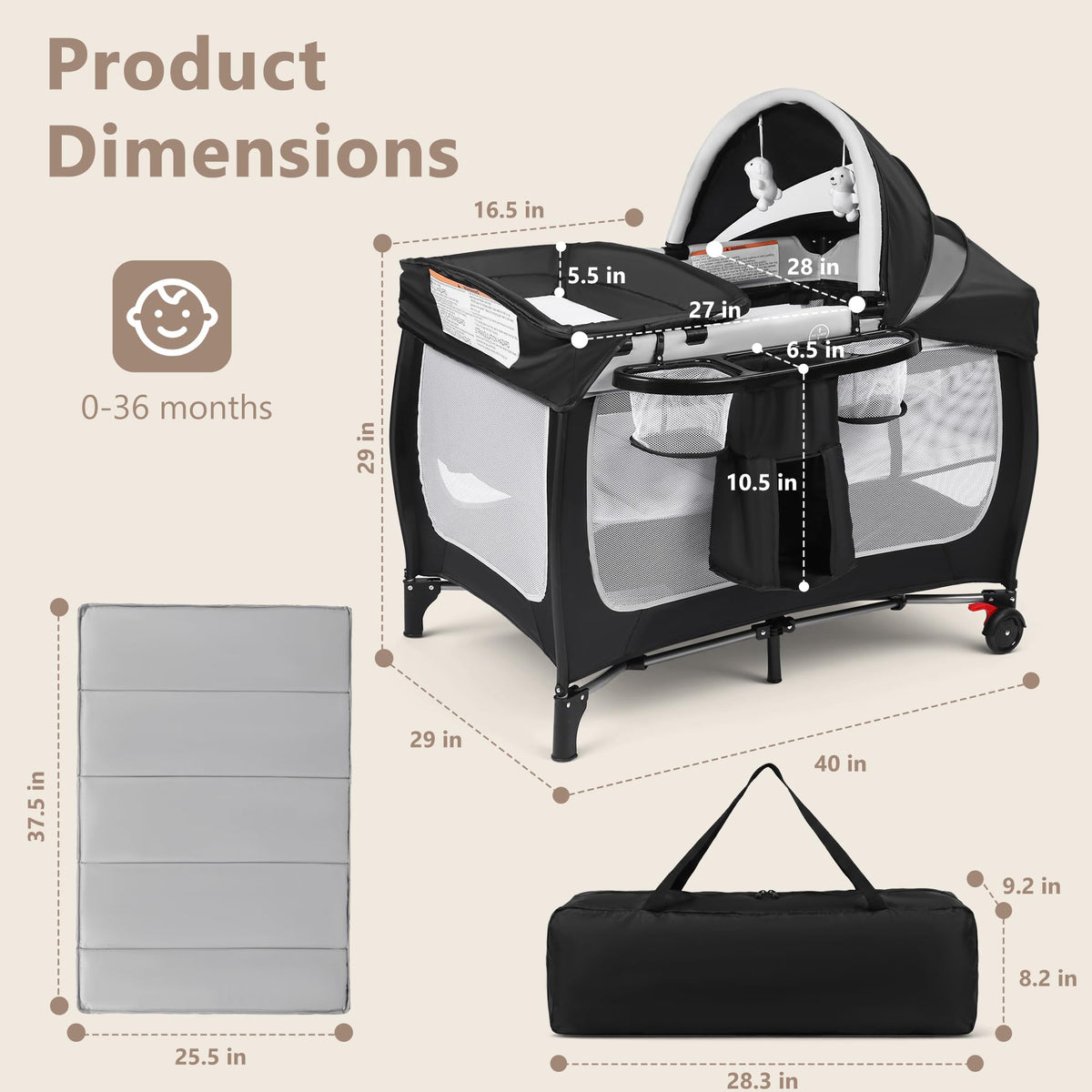4 in 1 Portable Pack and Play Bassinet, Black B765168