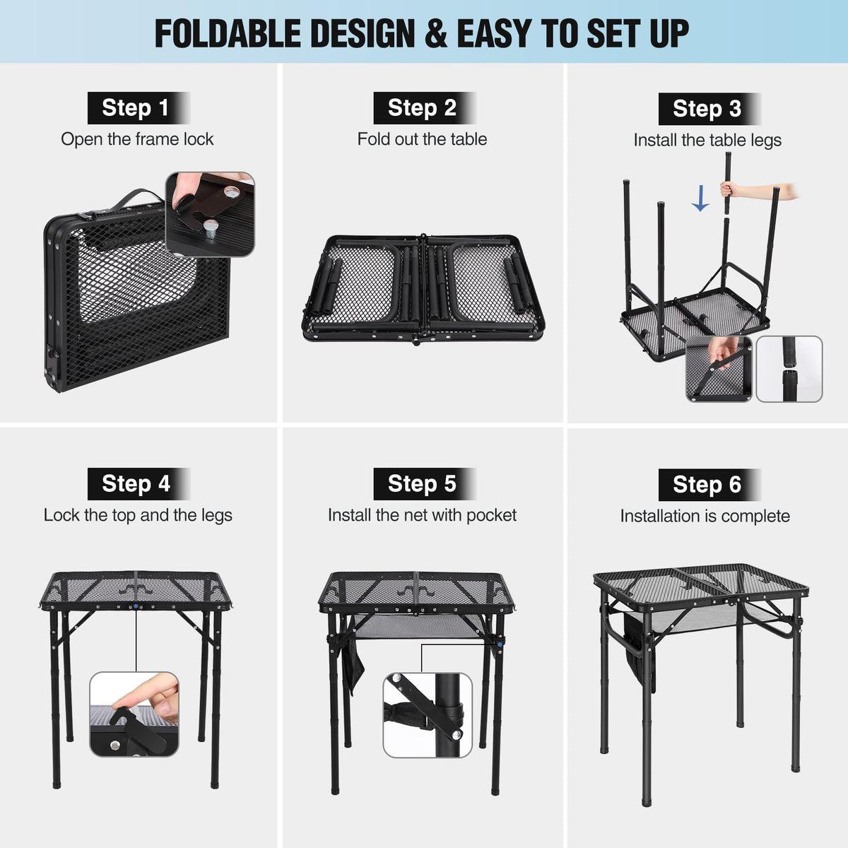 Lightweight Height Adjustable Aluminum Folding Grill Table with Mesh Desktop, Black H1573