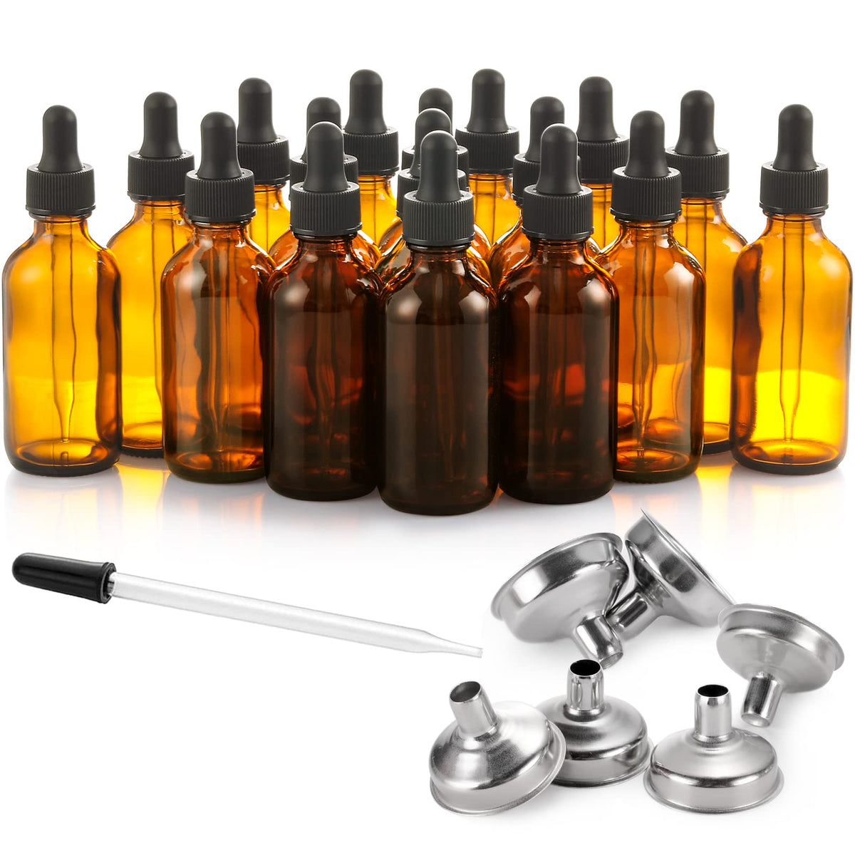 2 oz Dark Amber Dropper Bottles with Funnels O579021