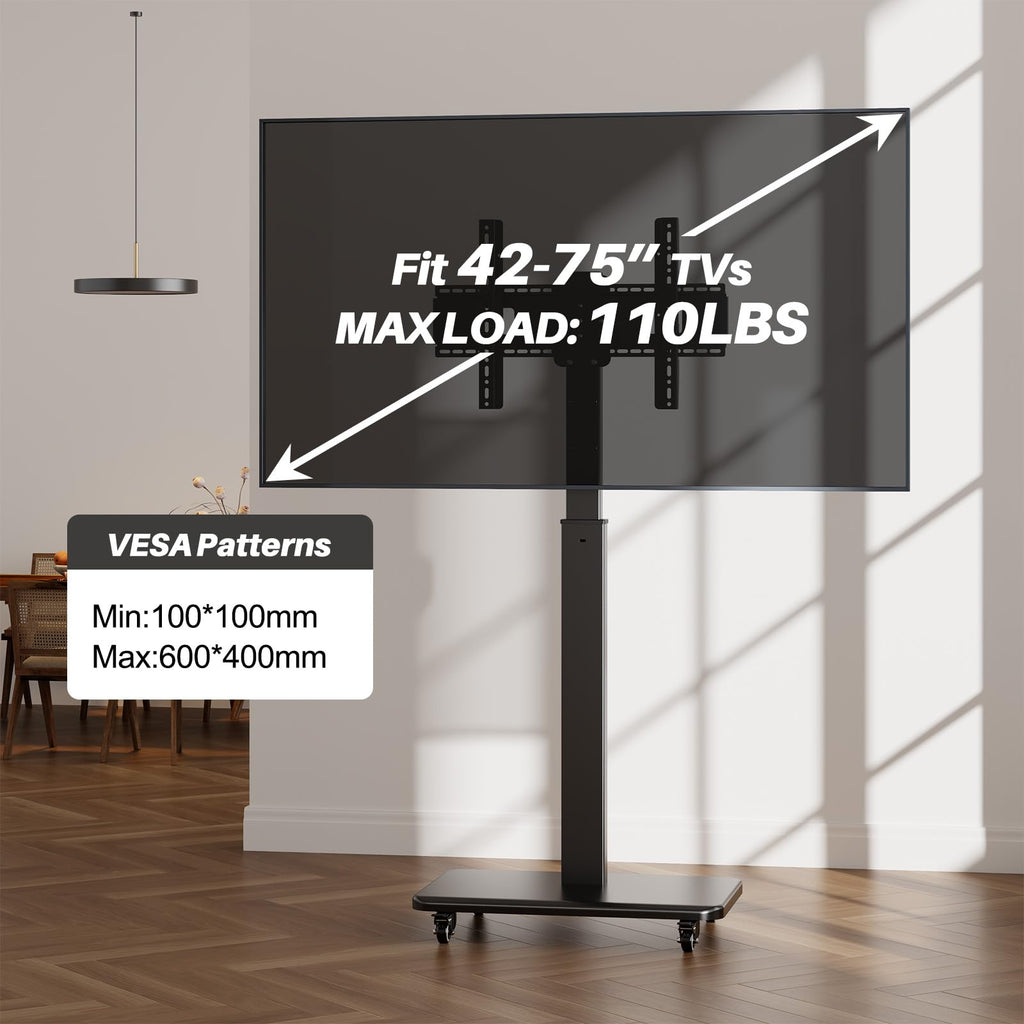 Mobile TV Stand on Wheels with 90° Swivel, Hand Crank Adjustable Height, for 42 to 75 inch TVs up to 110 lbs (Black) F4097
