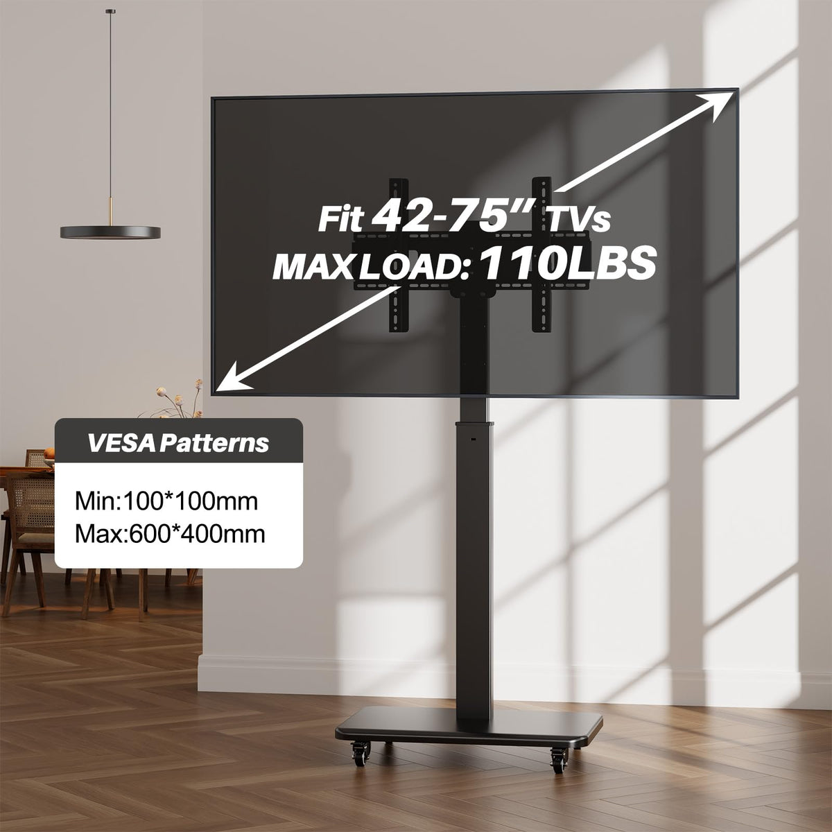 Mobile TV Stand on Wheels with 90° Swivel, Hand Crank Adjustable Height, for 42 to 75 inch TVs up to 110 lbs (Black) F4097