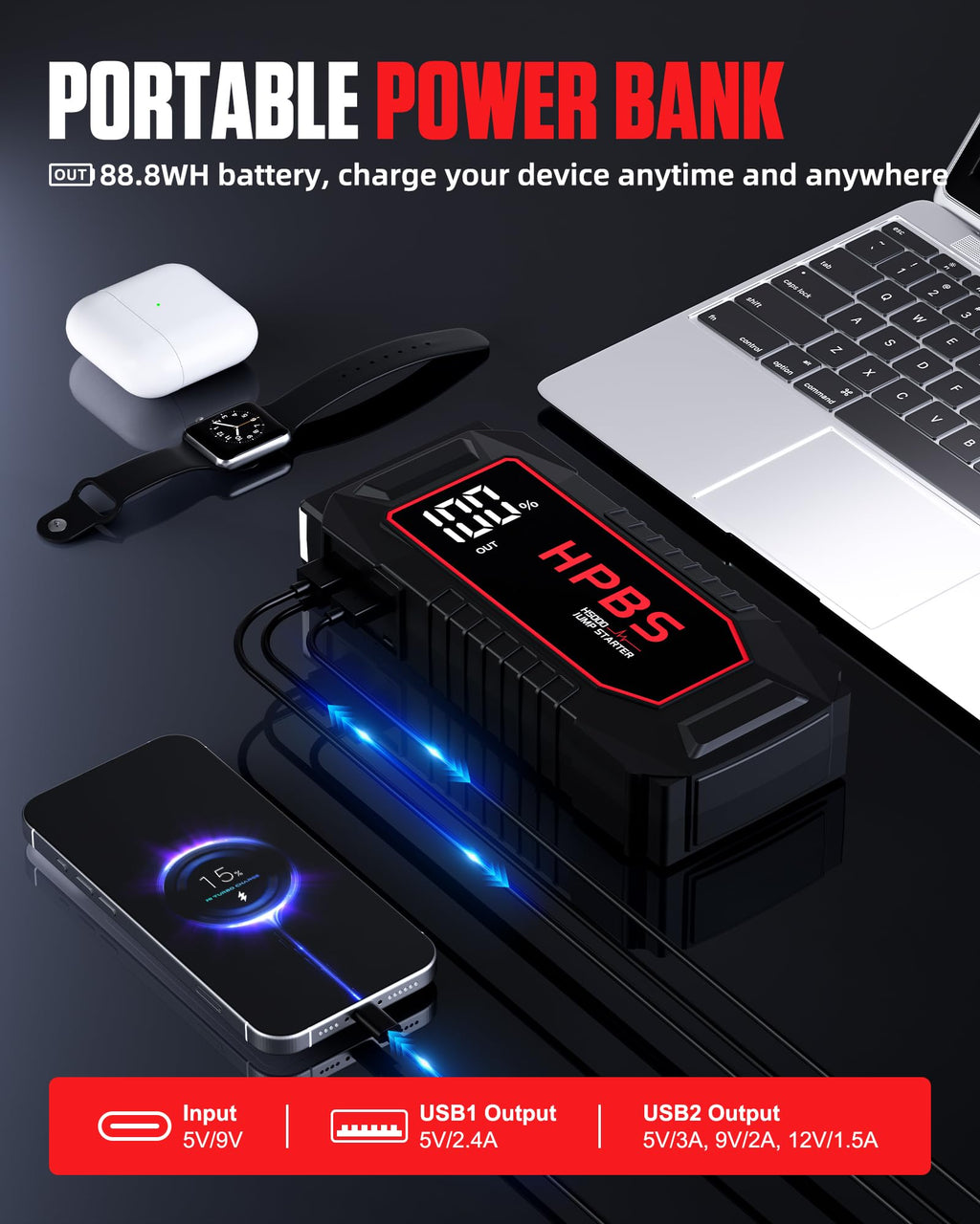 5000A Peak 12V Portable Jump Starter with 3.0" LCD Display T2543