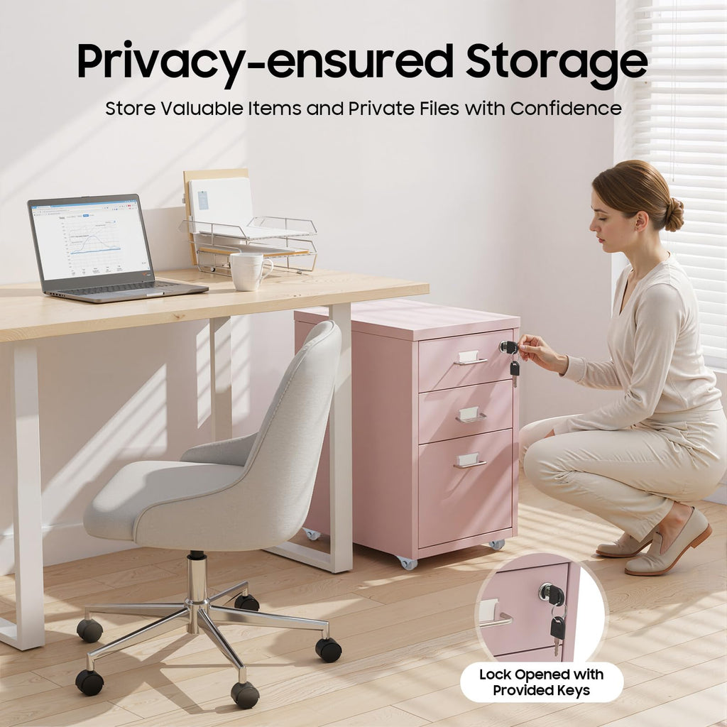 Pink 3 Drawer Metal File Cabinet with Lock O3621