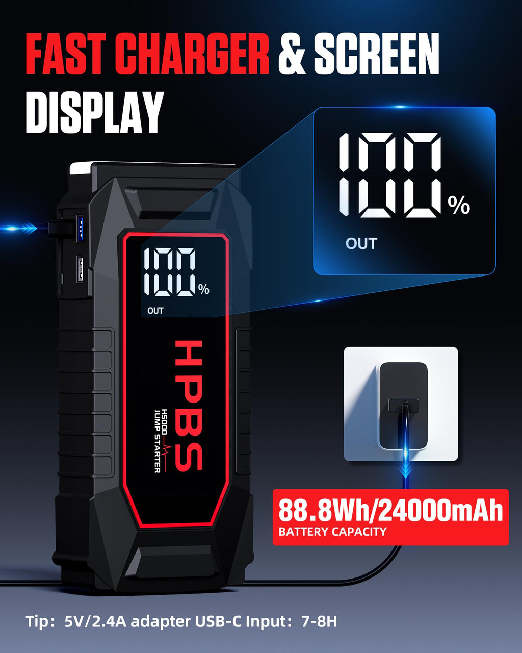 5000A Peak 12V Portable Jump Starter with 3.0" LCD Display T2543