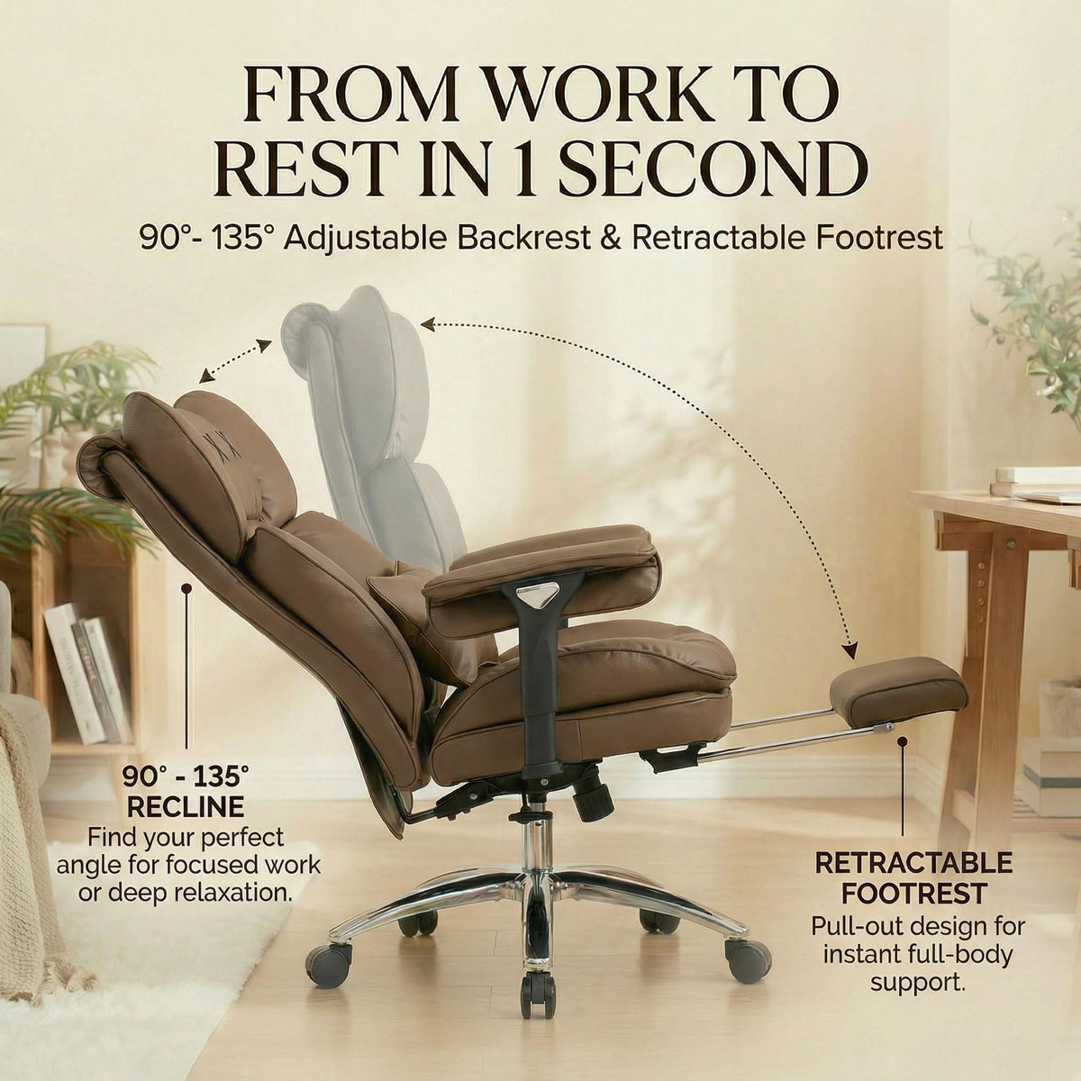 Big & Tall Desk Chair with Footrest Brown V2443