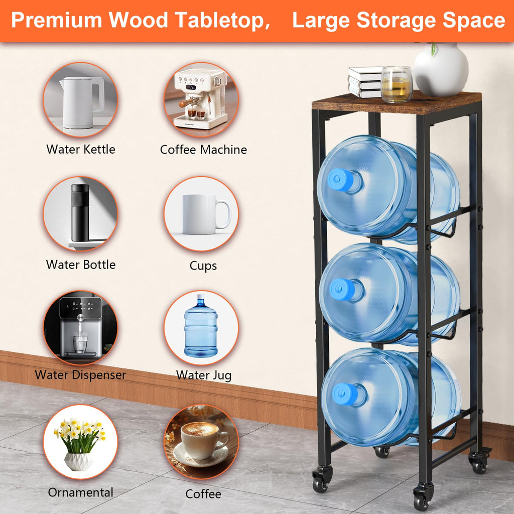 5 Gallon 3-Tier Water Bottle Holder with Lockable Casters Brown P3359