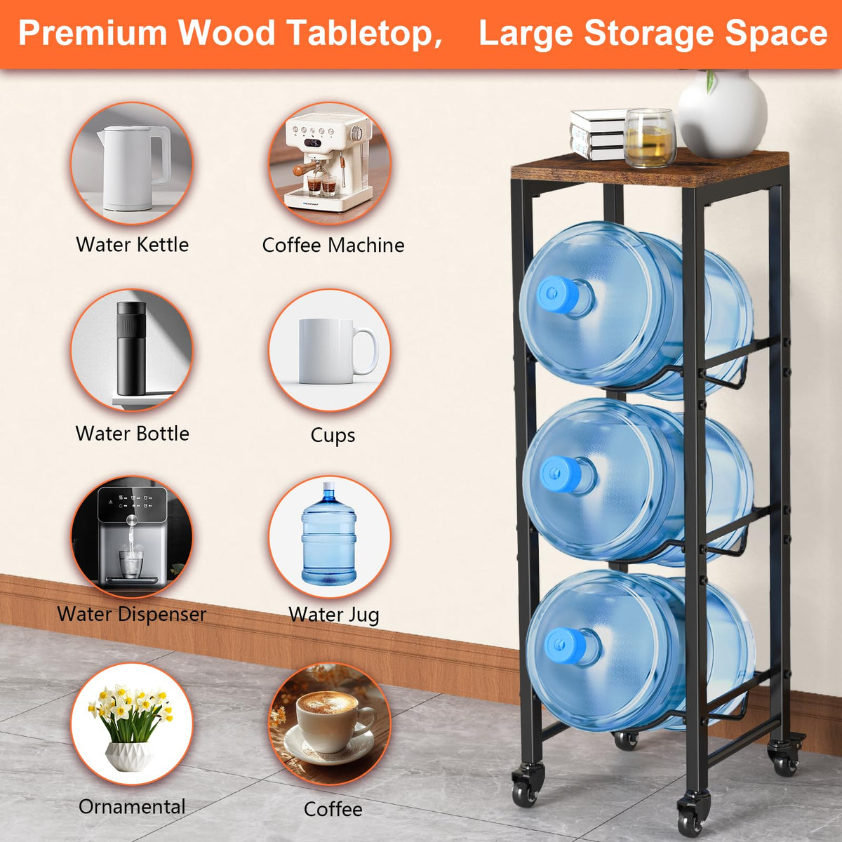 5 Gallon 3-Tier Water Bottle Holder with Lockable Casters Brown P3359