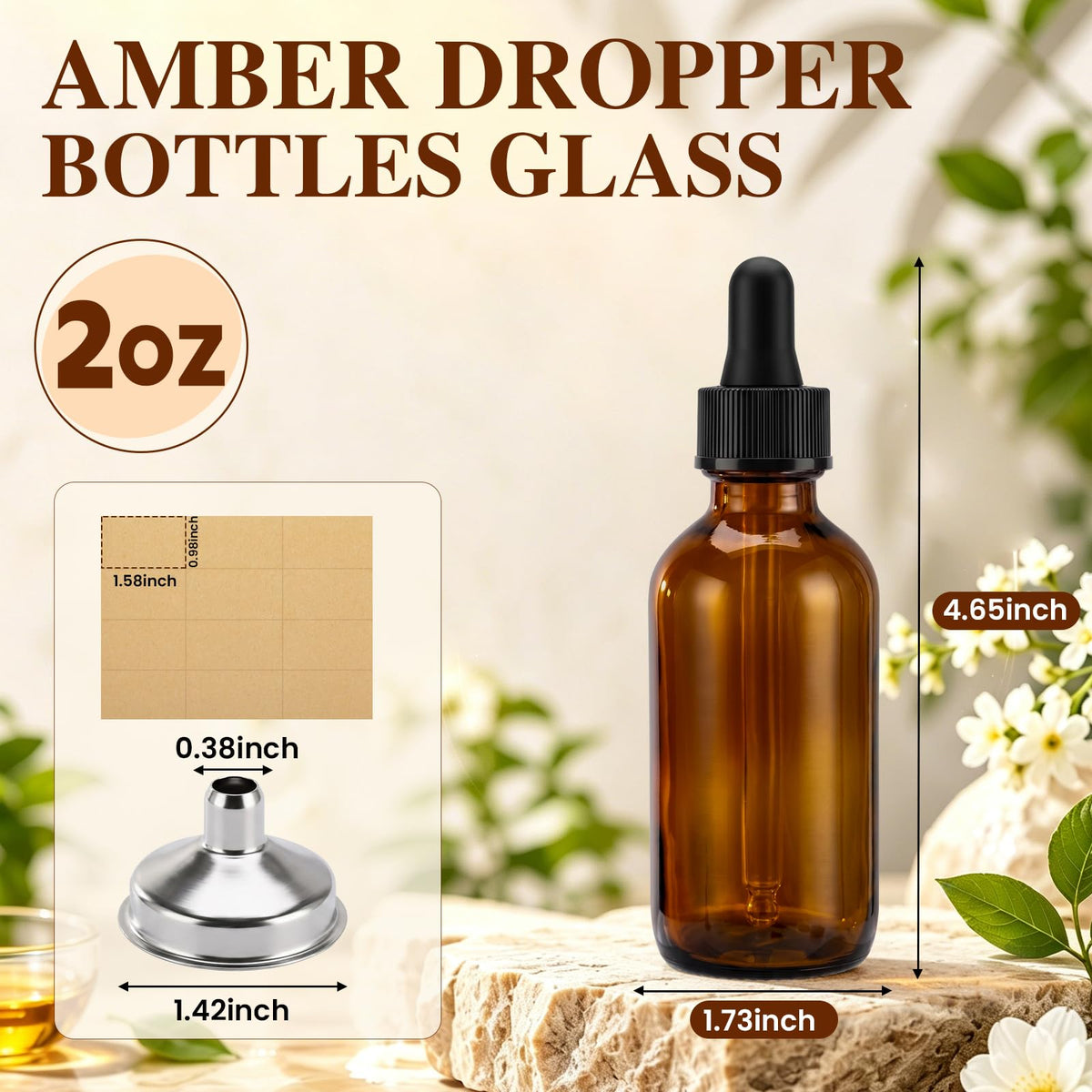 2 oz Amber Glass Dropper Bottles with Funnels, 40 Pack F6812