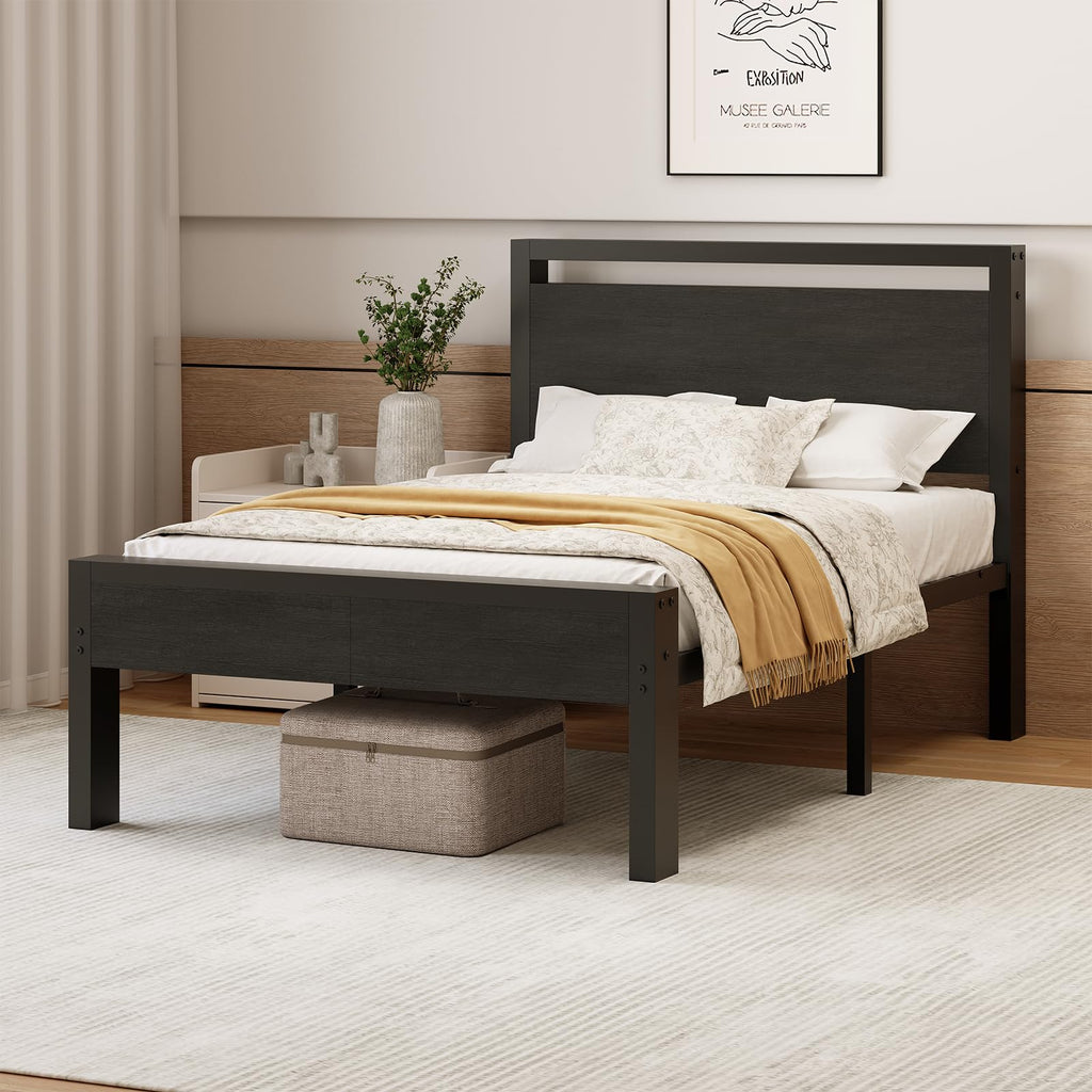 Black Twin Metal Bed Frame with Wooden Headboard and Footboard T1827