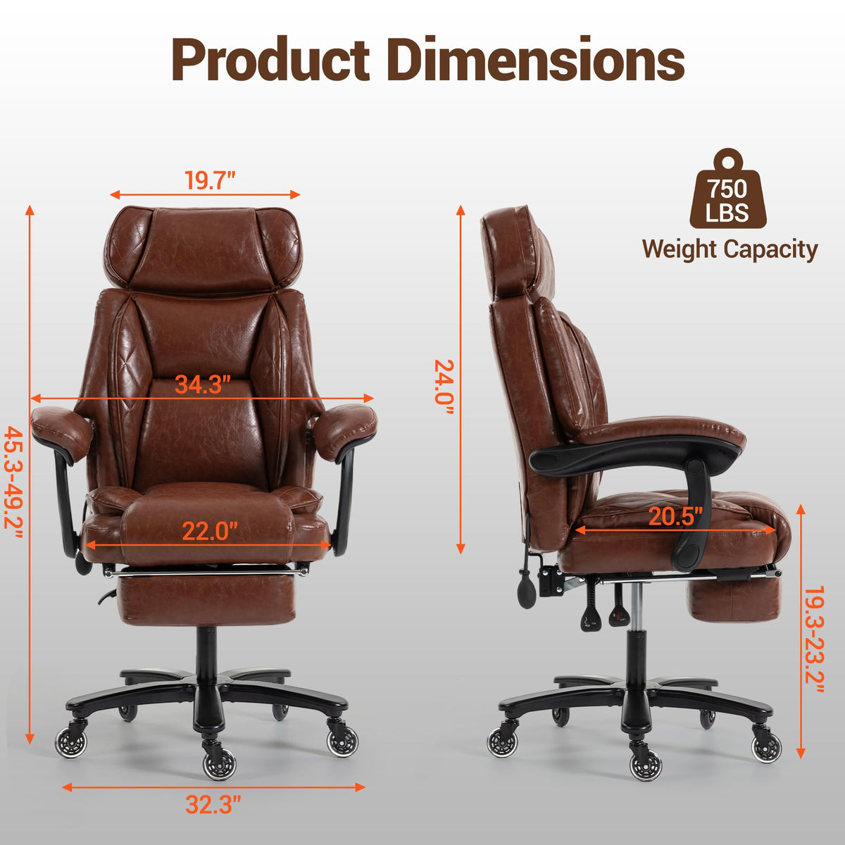 Big and Tall Executive Office Chair with Footrest, Brown T214112