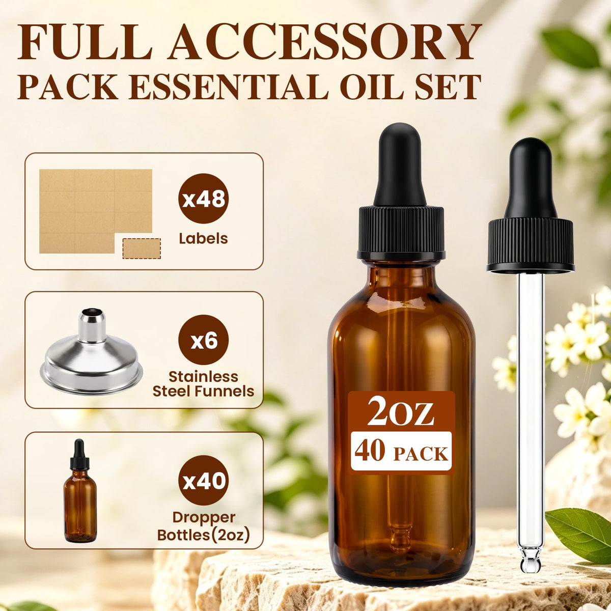 2 oz Amber Glass Dropper Bottles with Funnels, 40 Pack F6812