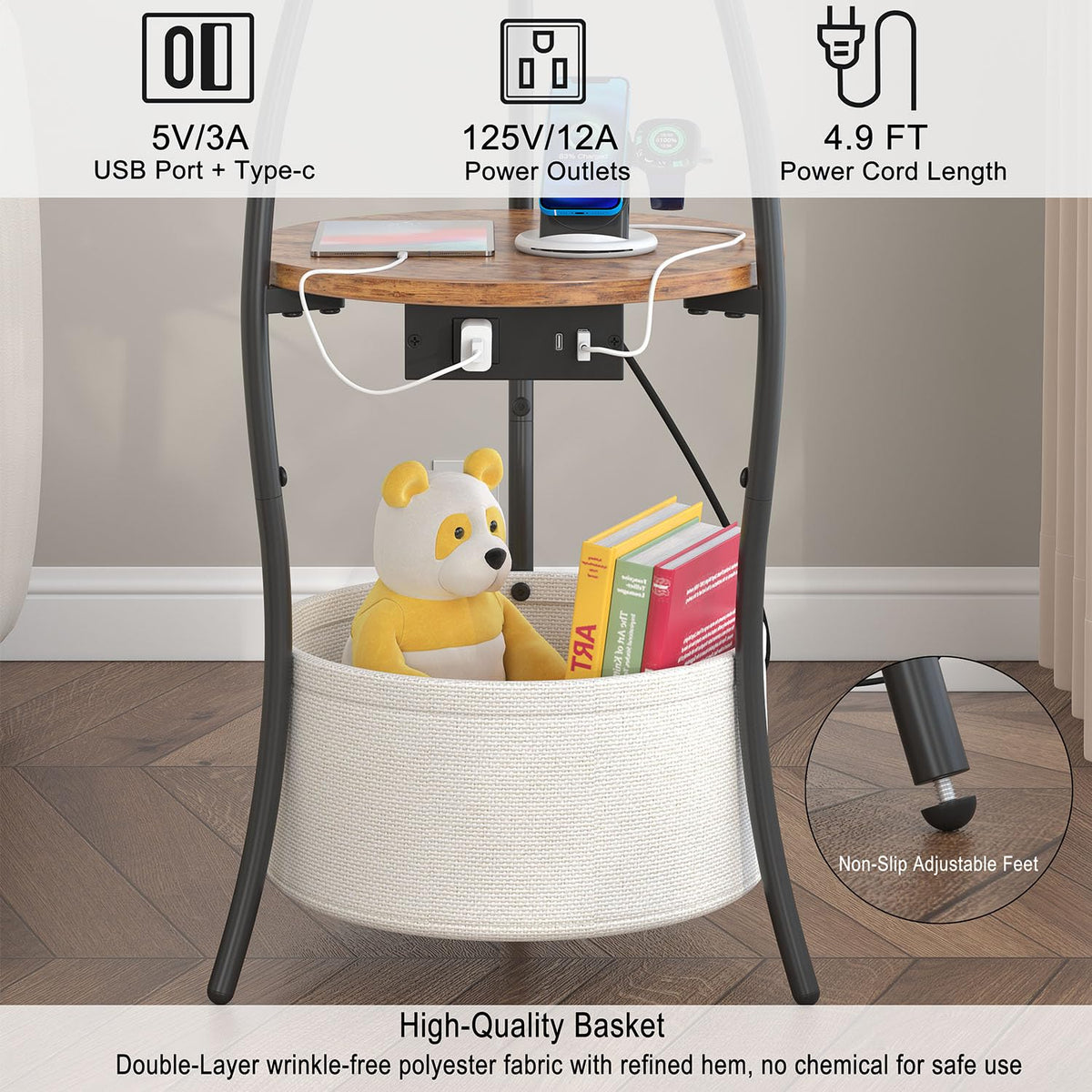 3-Tier Round End Table with Charging Station E21298
