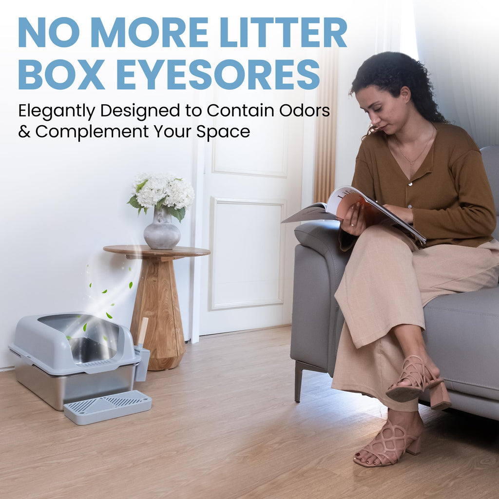 XL Stainless Steel Sifting Cat Litter Box with High Sides Y63886