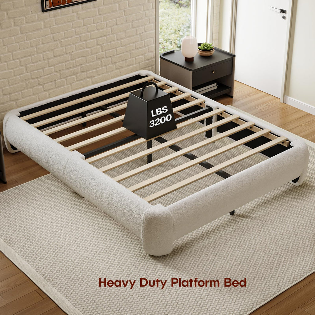 Queen Size White Boucle Upholstered Bed Frame Y648