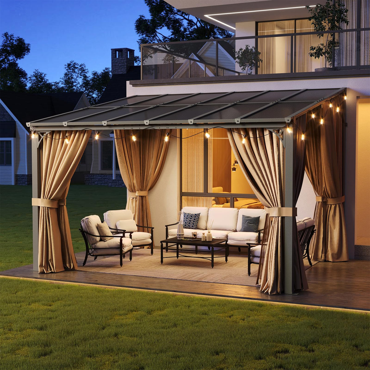 12'x10' Lean to Gazebo with Mosquito Net and Curtains, Brown S286