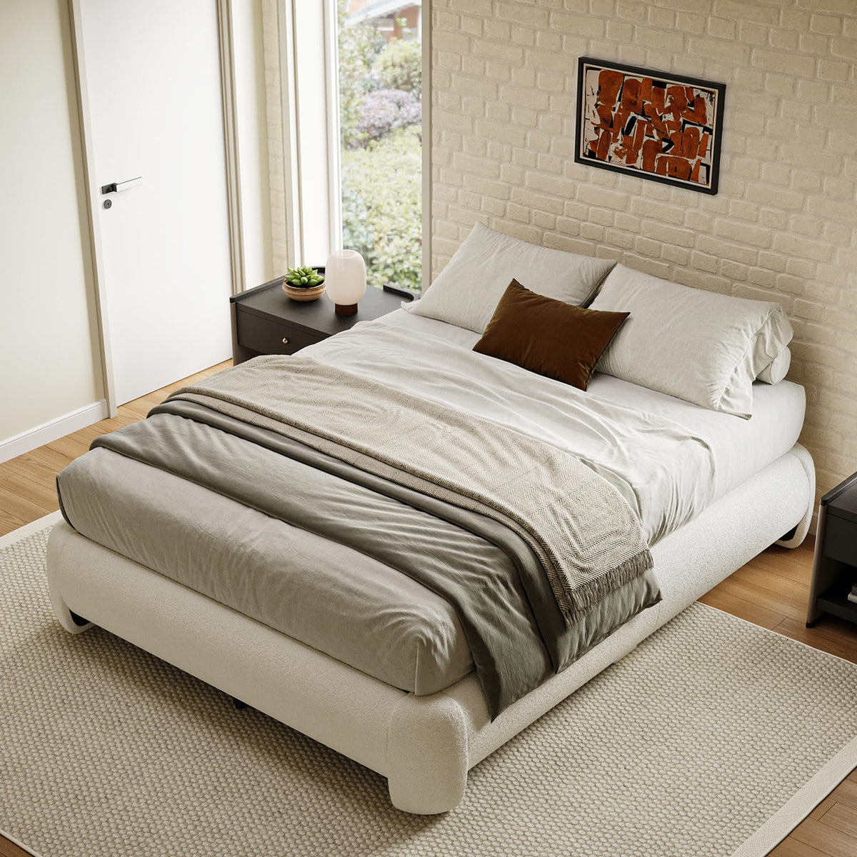 Queen Size White Boucle Upholstered Bed Frame Y648