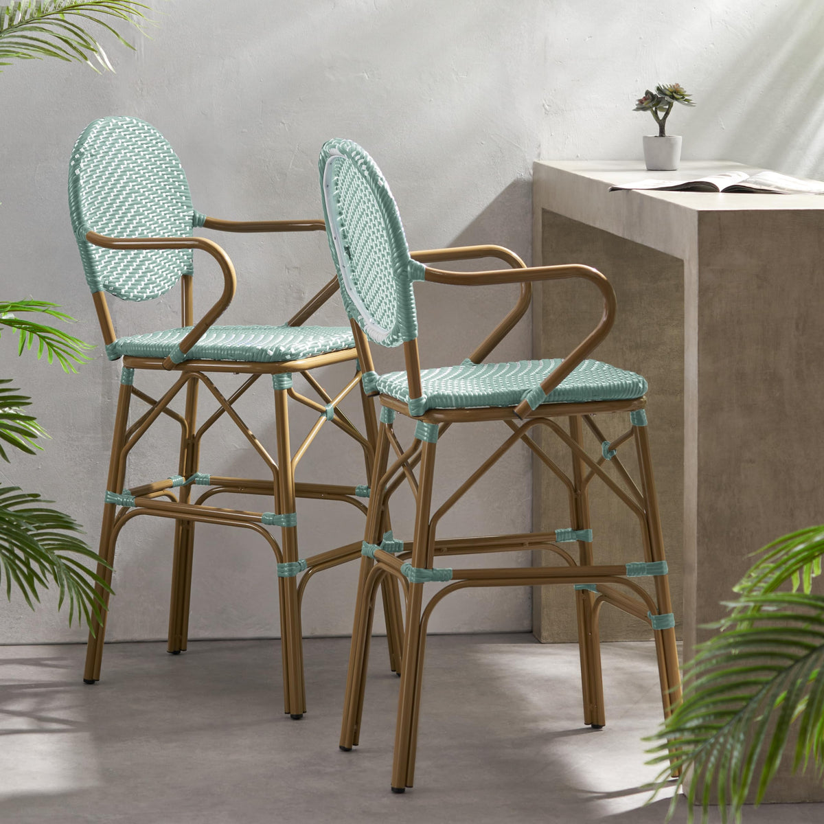 Teal Bamboo Print Wicker Aluminum Bar Stools Set of 2 F660778