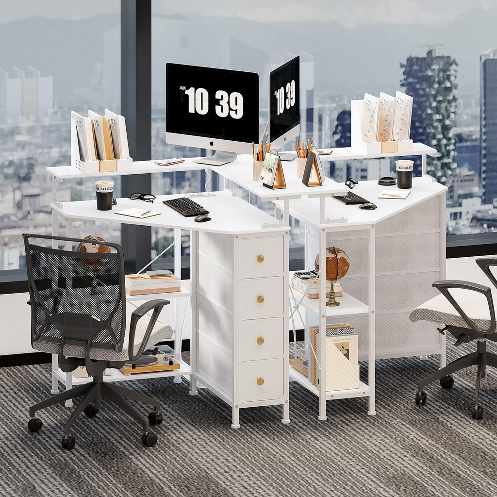 White Corner Desk with Drawers Shelves and Power Outlets Z90892
