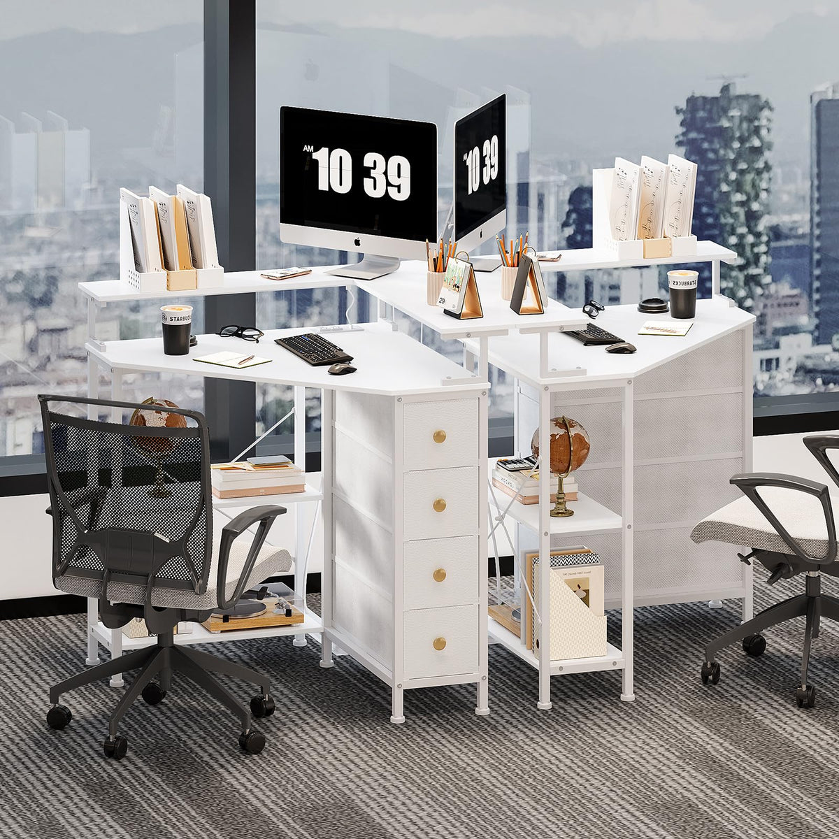 White Corner Desk with Drawers Shelves and Power Outlets Z90892