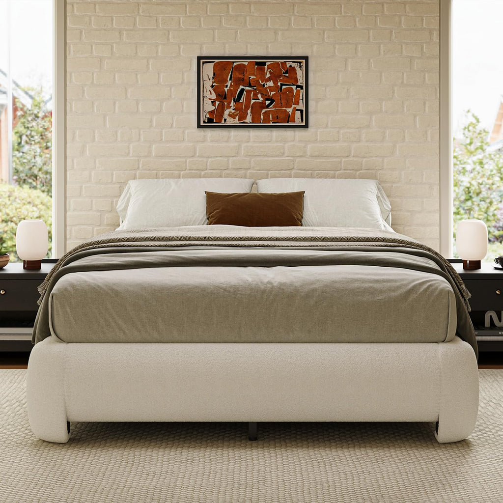 Queen Size White Boucle Upholstered Bed Frame Y648