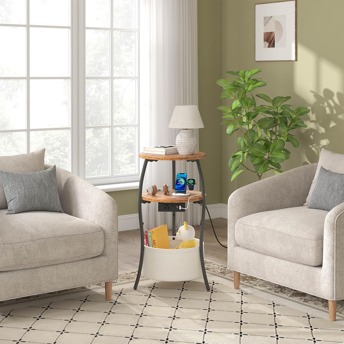 3-Tier Round End Table with Charging Station E21298