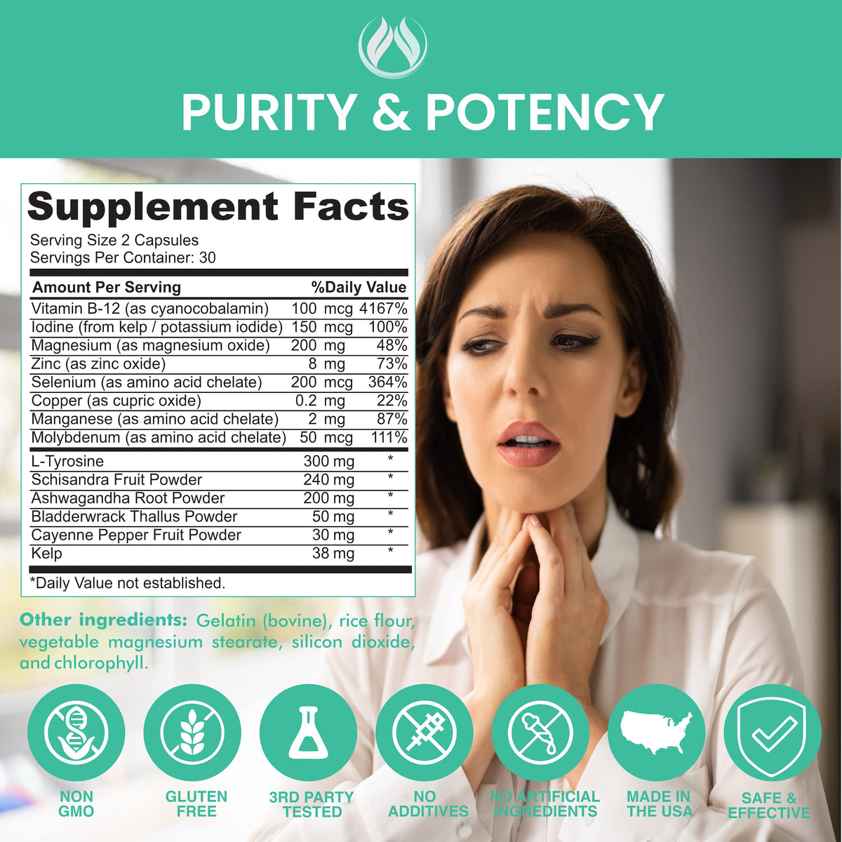Thyroid Support Supplement with Iodine, Ashwagandha, Zinc, Selenium, Vitamin B12, Kelp, Magnesium, L Tyrosine J23951
