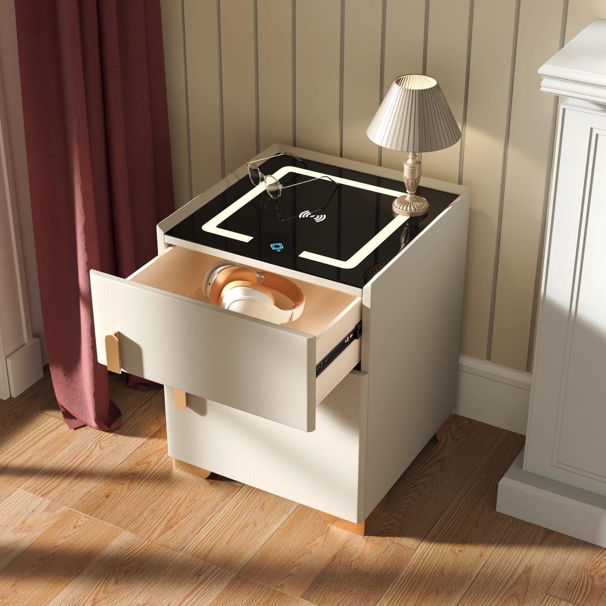 Wireless Charging Nightstand with Drawer and 3 LED Light J84466