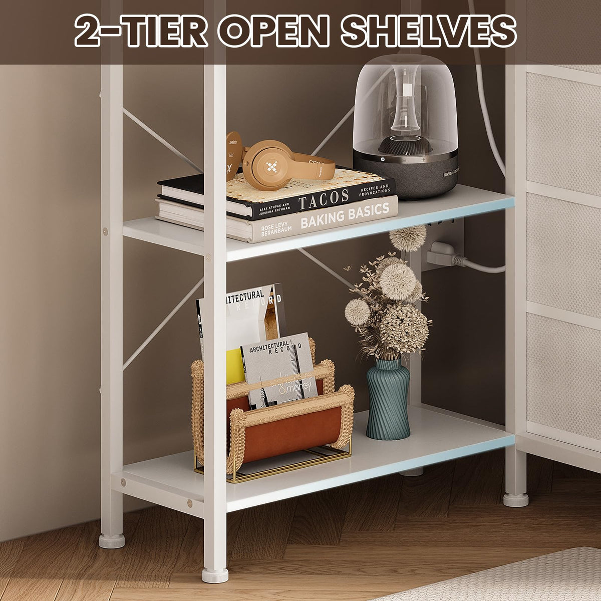 White Corner Desk with Drawers Shelves and Power Outlets Z90892