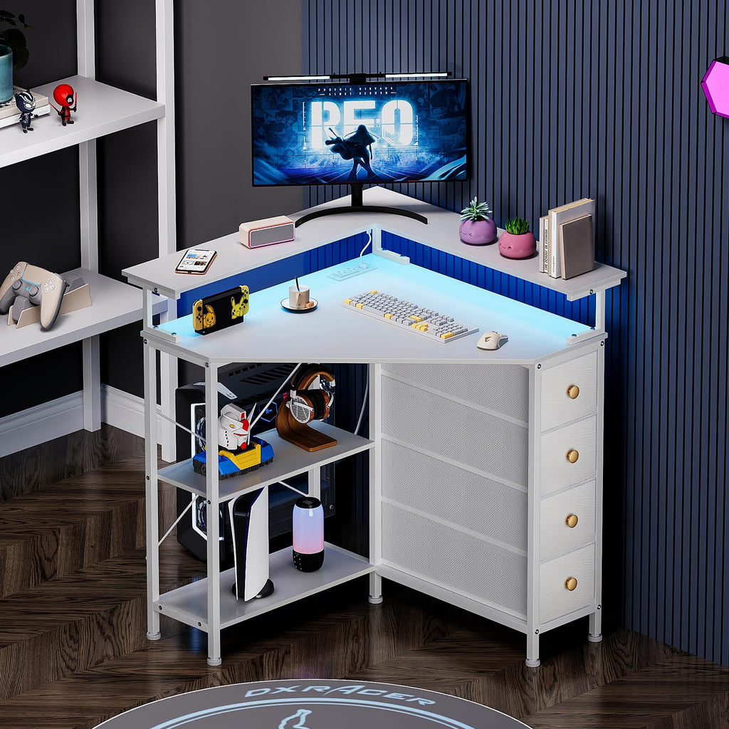 White Corner Desk with Drawers Shelves and Power Outlets Z90892