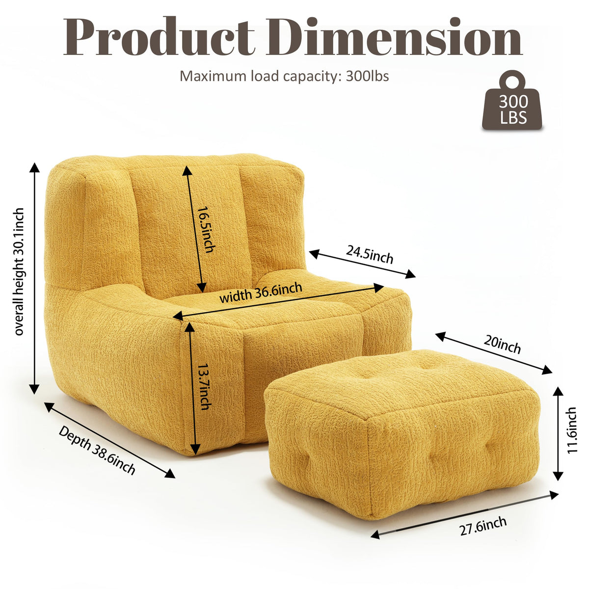 Yellow Memory Foam Bean Bag Chair with Ottoman K128