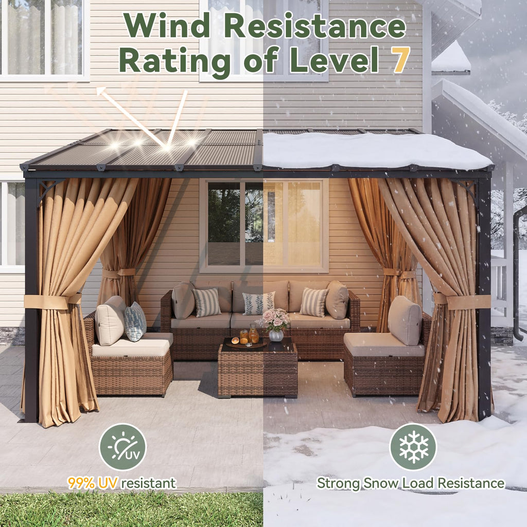 12'x10' Lean to Gazebo with Mosquito Net and Curtains, Brown S286
