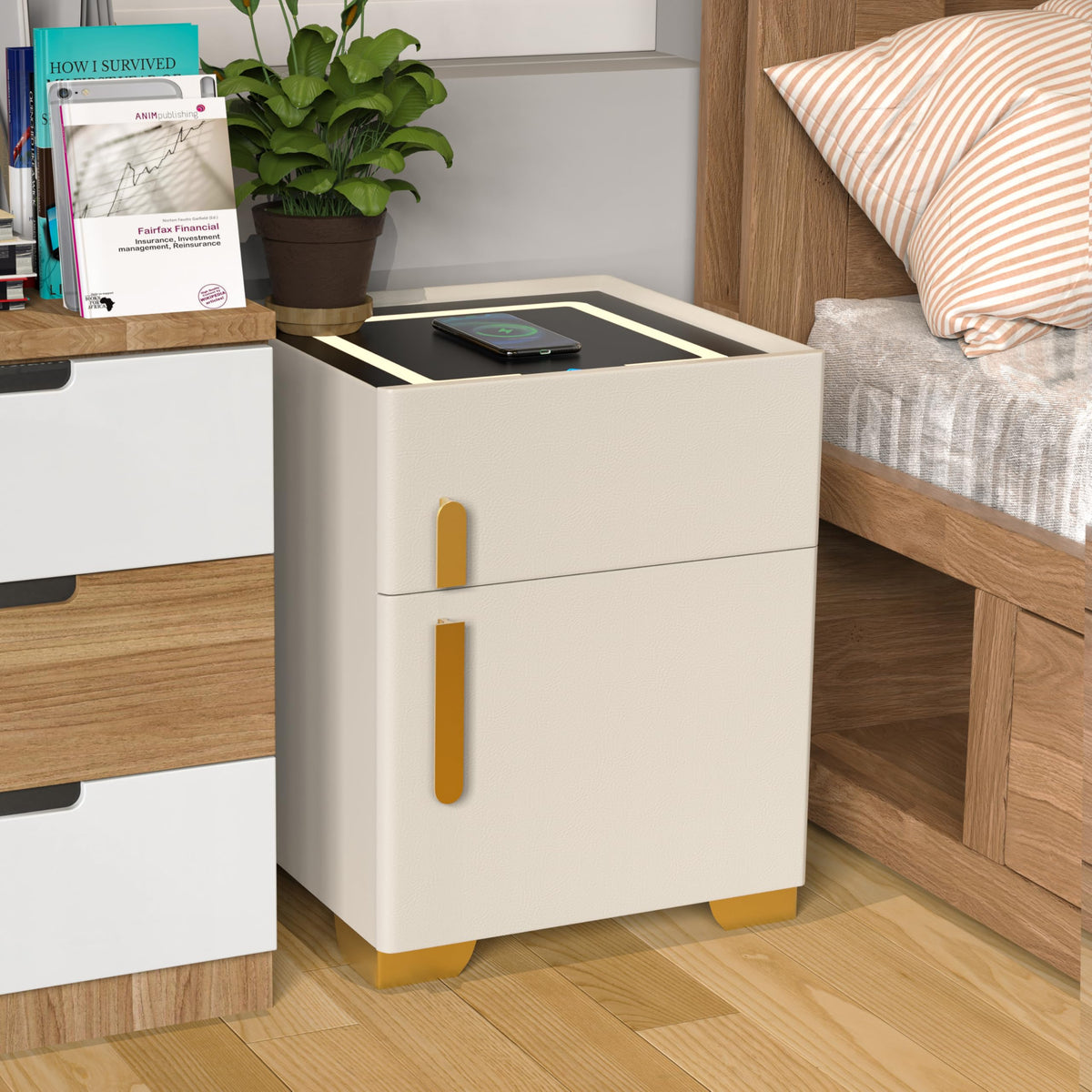 Wireless Charging Nightstand with Drawer and 3 LED Light J84466