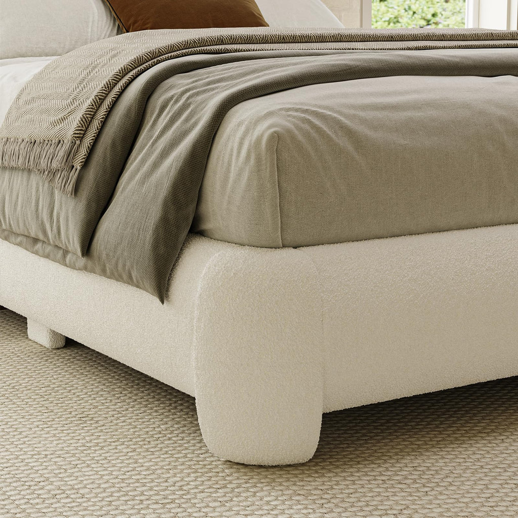 Queen Size White Boucle Upholstered Bed Frame Y648