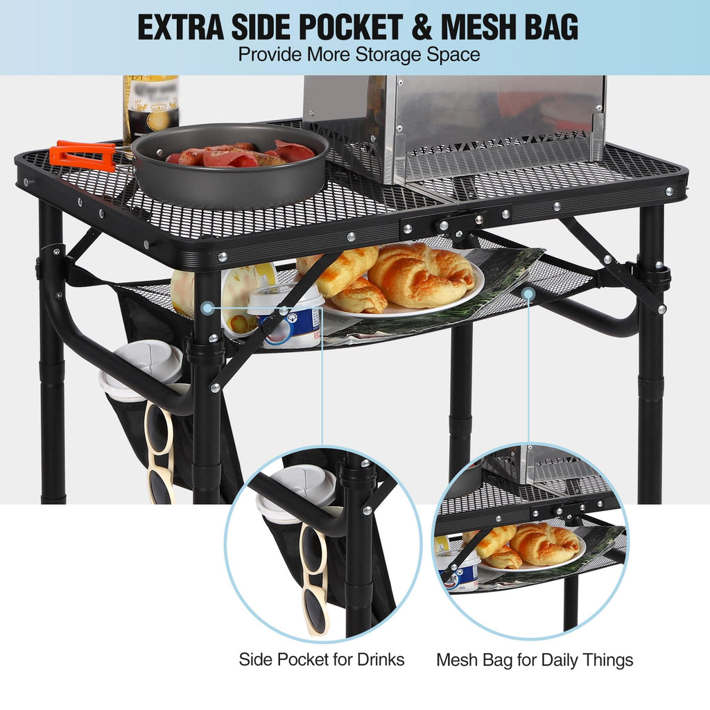 Lightweight Height Adjustable Aluminum Folding Grill Table with Mesh Desktop, Black H1573