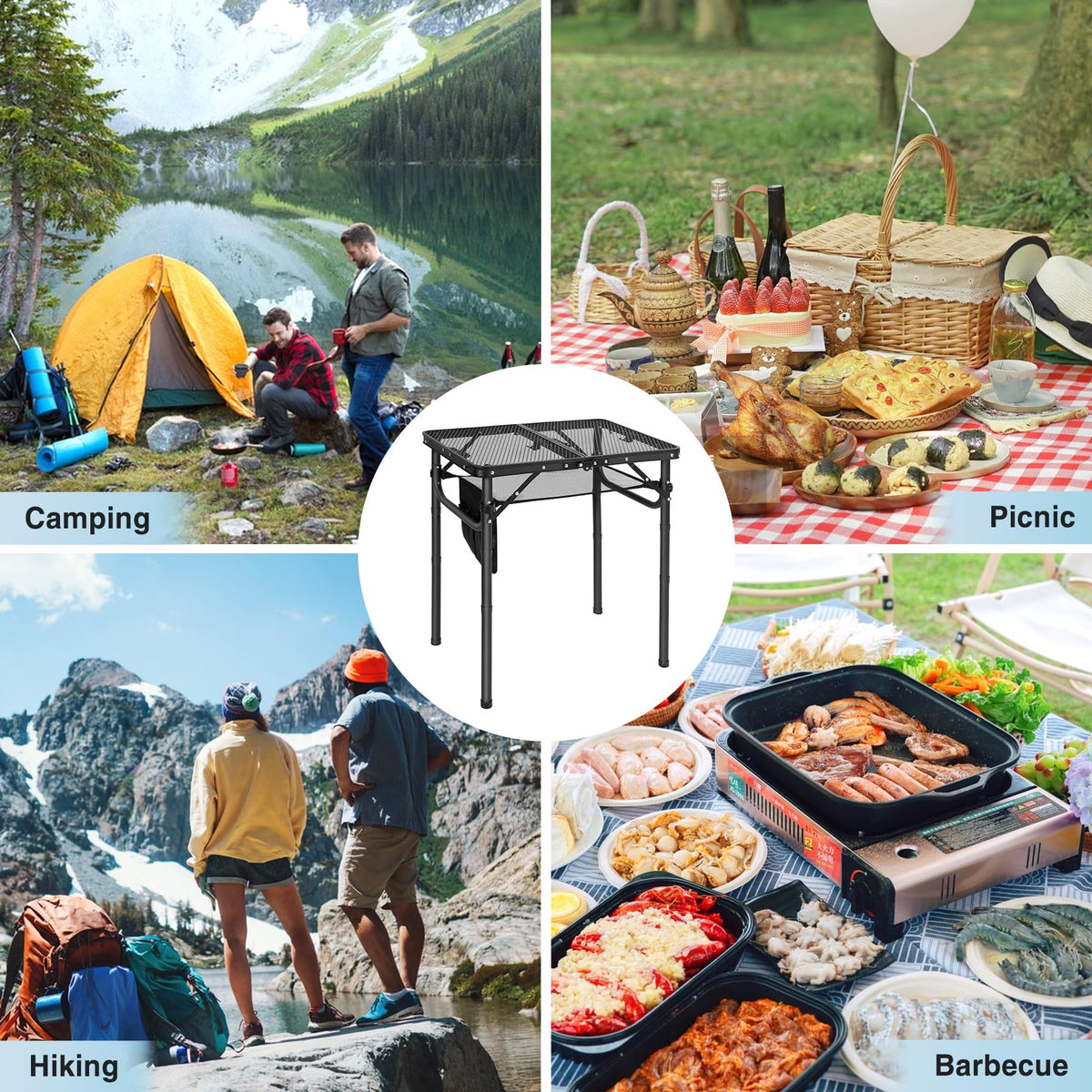 Lightweight Height Adjustable Aluminum Folding Grill Table with Mesh Desktop, Black H1573