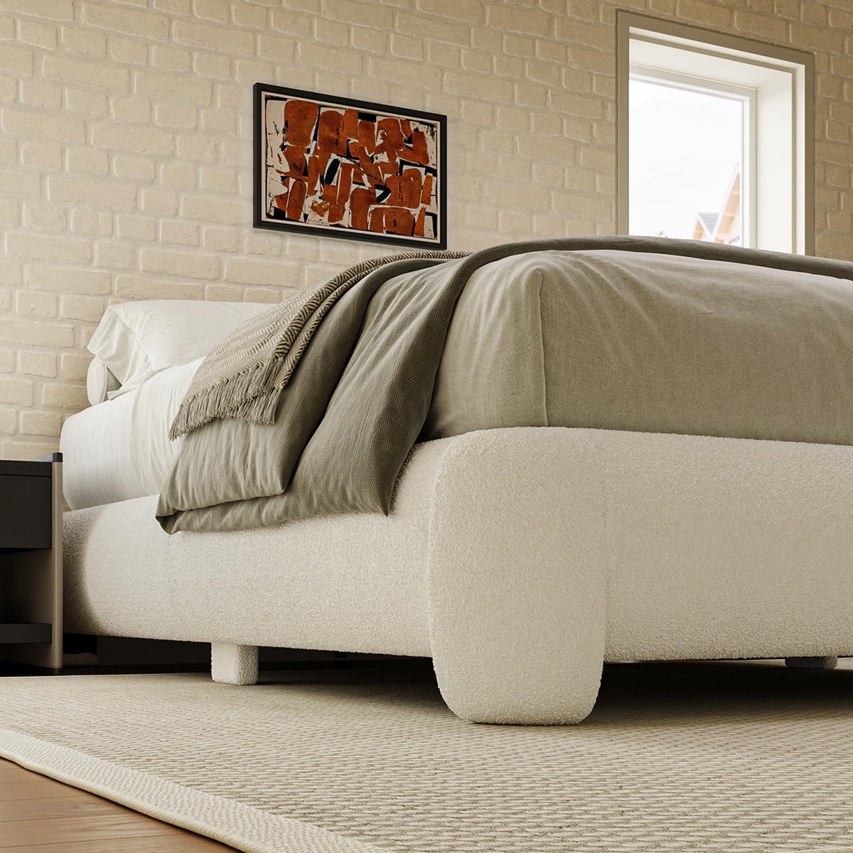 Queen Size White Boucle Upholstered Bed Frame Y648