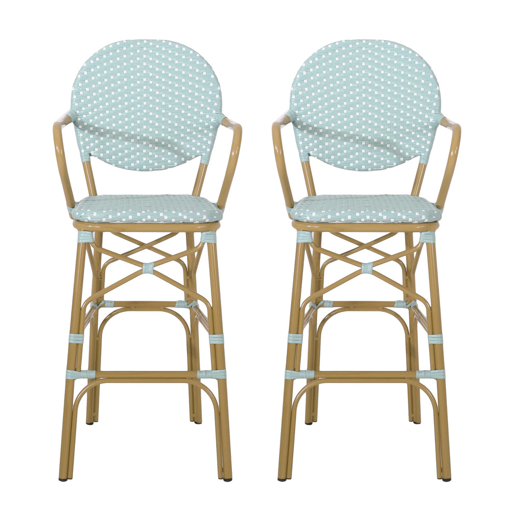 Teal Bamboo Print Wicker Aluminum Bar Stools Set of 2 F660778