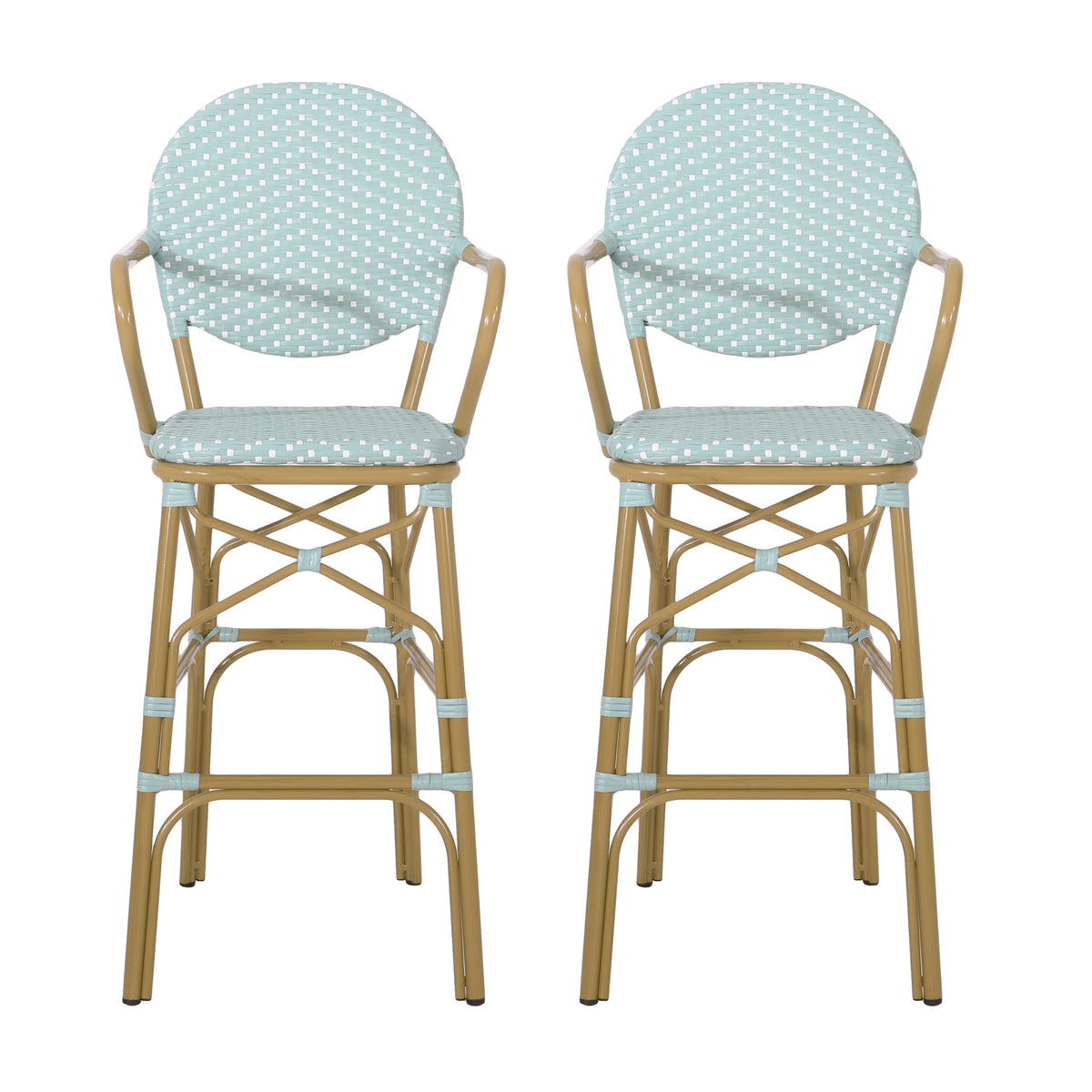 Teal Bamboo Print Wicker Aluminum Bar Stools Set of 2 F660778