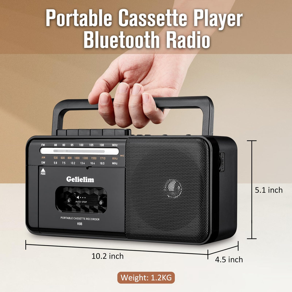 Cassette Tape Player Bluetooth Boombox AM/FM/SW Radio Stereo J10671