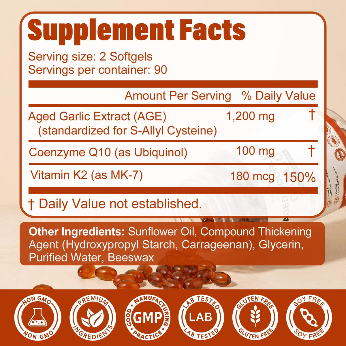 Aged Garlic Extract 1200 mg Softgels with CoQ10 Ubiquinol & Vitamin K2 180 Counts D204