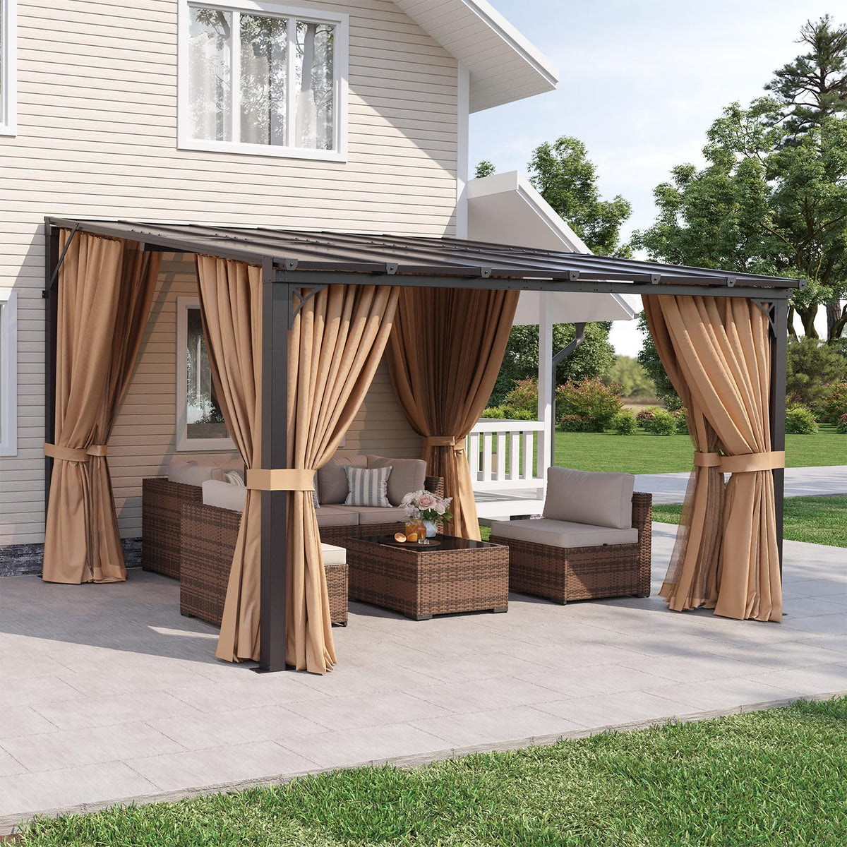 12'x10' Lean to Gazebo with Mosquito Net and Curtains, Brown S286