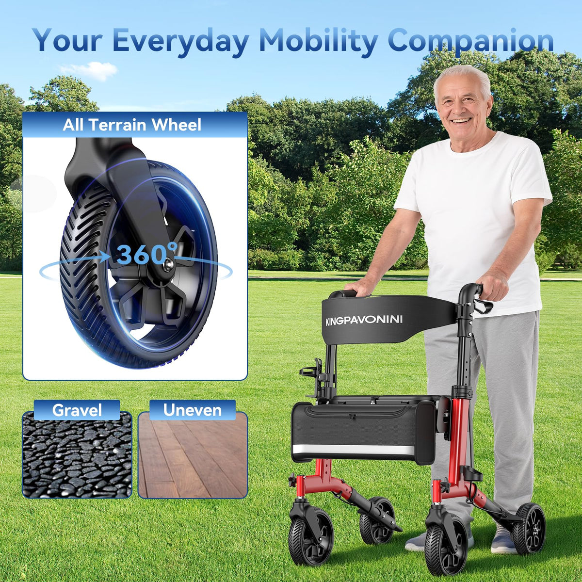 Foldable Rollator Walker with Seat, 380 lbs, Red R170885