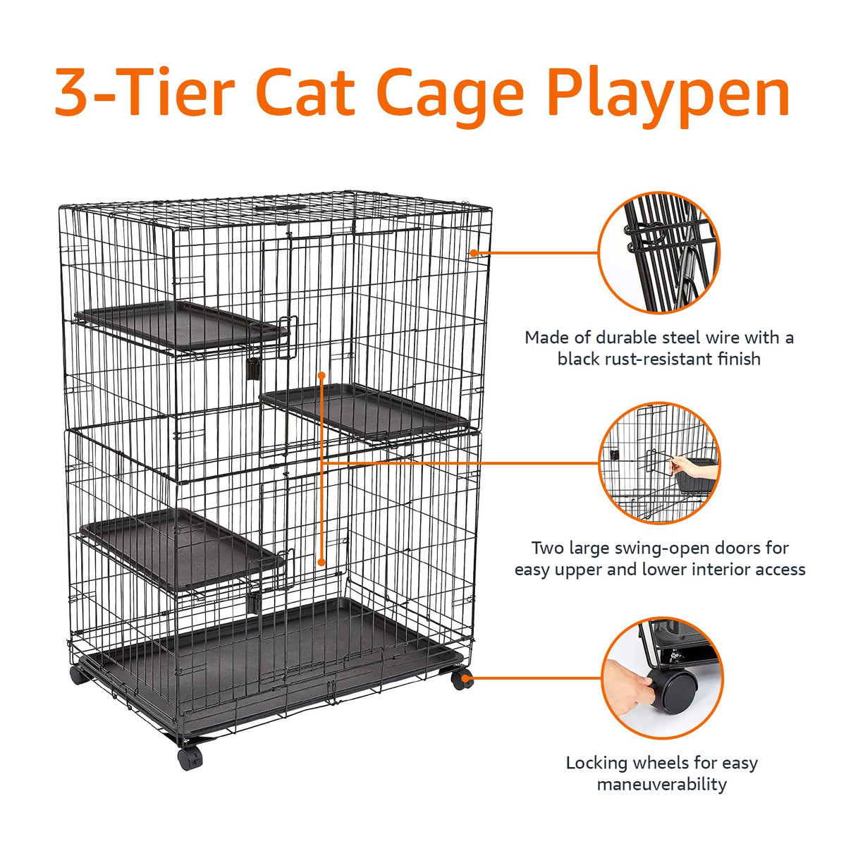 Large 3-Tier Cat Cage Playpen with Removable Tray, Black R605