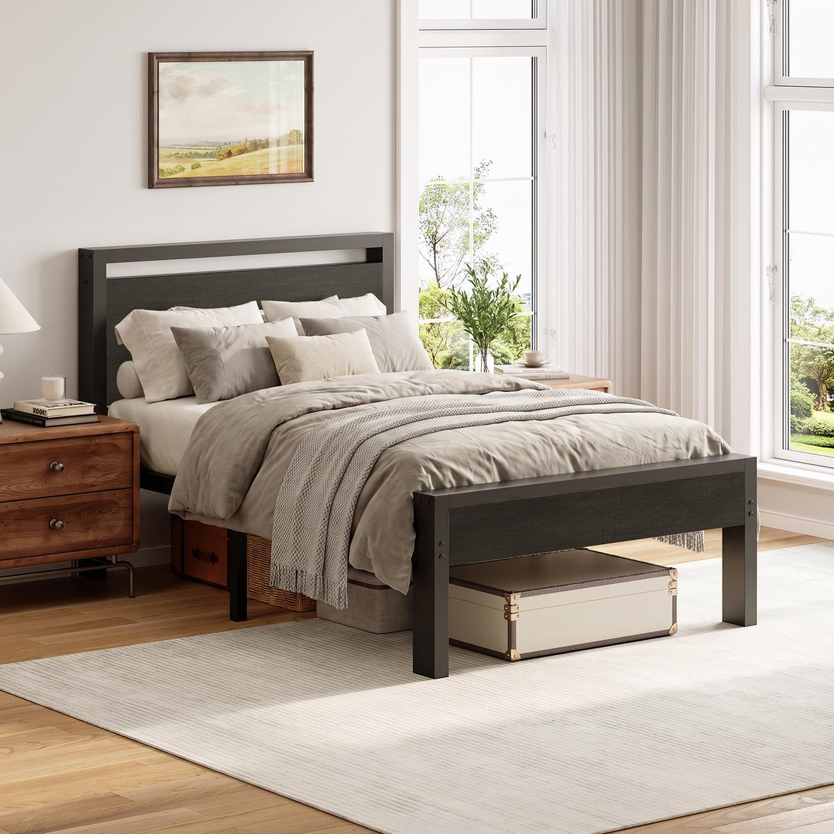 Black Twin Metal Bed Frame with Wooden Headboard and Footboard T1827